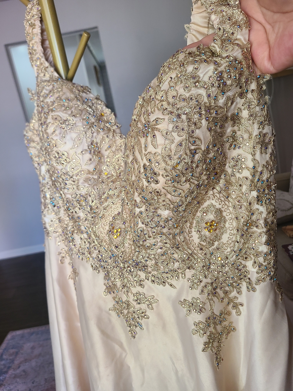 Embellished Champagne Evening Dress with Beaded Detail